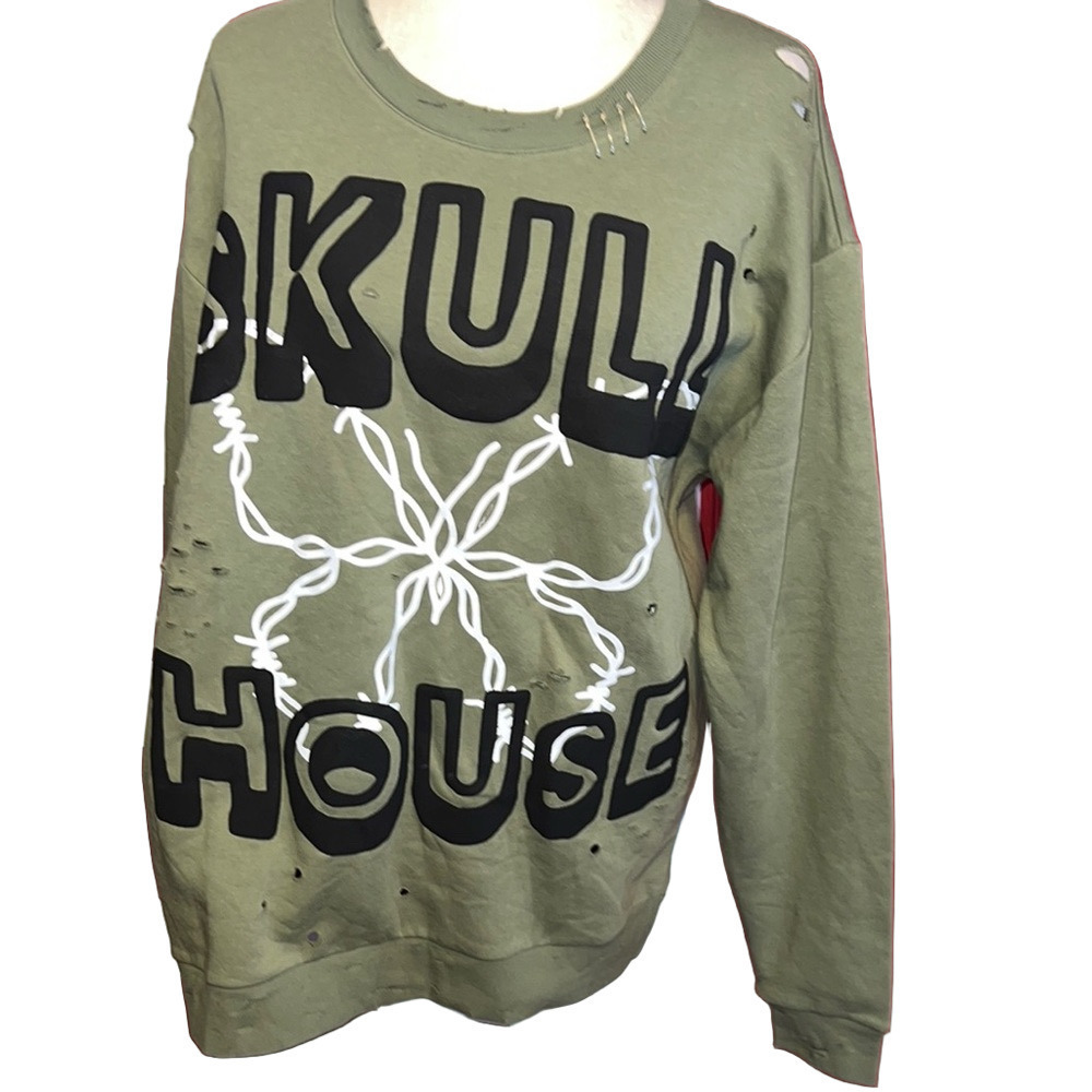 Olive Green Skull House Sweatshirt Grunge Punk Goth Large